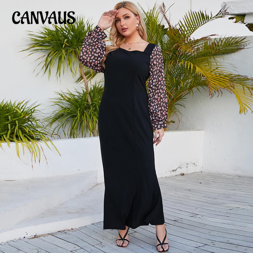 Женское платье большого размера, весенние и осенние длинные элегантные платья с квадратным вырезом и длинными рукавами с принтом