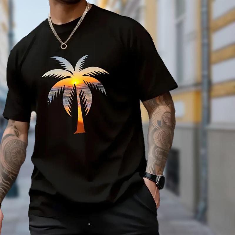 New Summer Men's Fashion T-shirt Personality Sunset Coconut Tree Printed Men's T-shirt Top