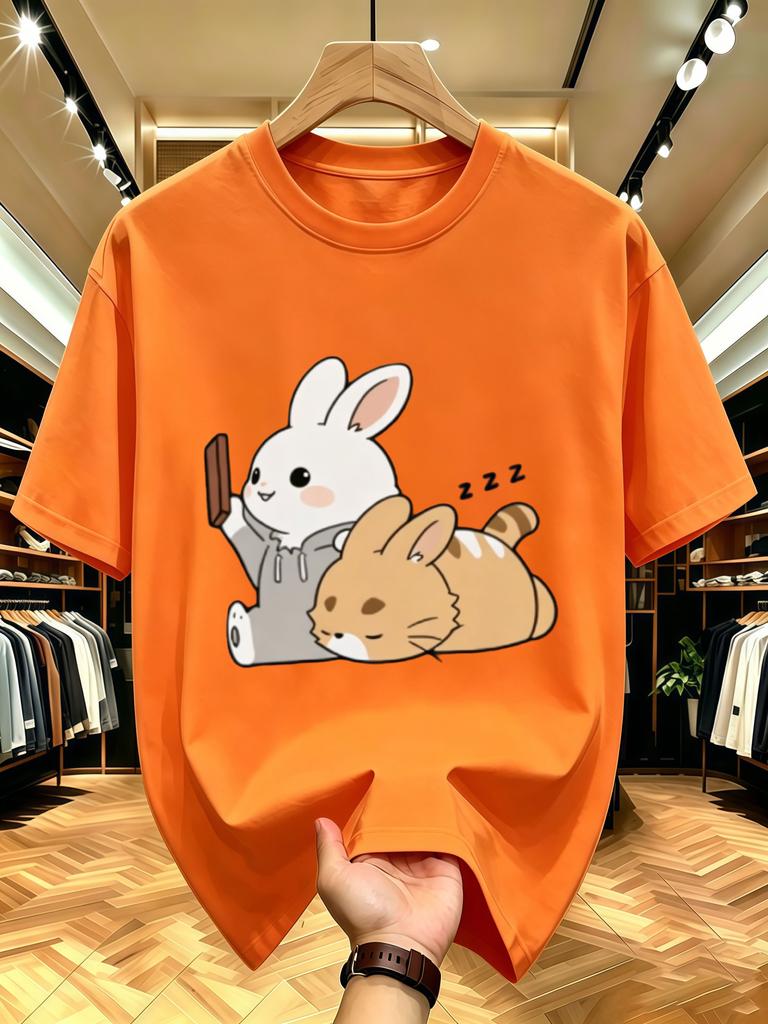 Унисекс Футболка с круглым вырезом Мультяшный принт Кролик и Спящий кот Хлопок Короткий рукав Свободный Летний Дышащий Повседневный Базовая одежда Верх