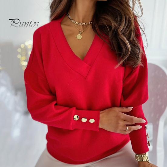 Women Tops V-Neck Long Sleeve Metal Button Cuffs Knitting Tops Solid Color Commuting Style Loose Fit Knitwear