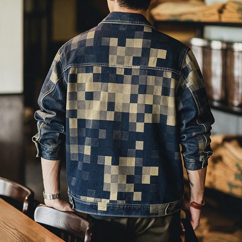 GUANGAN AEPE Men's American Retro Plaid Denim Jacket