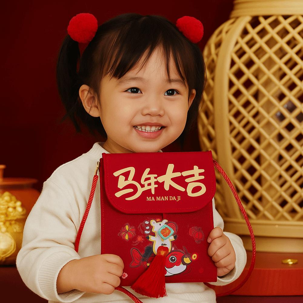 Traditional Chinese New Year Red Envelope Hongbao Brocade Embroidered God of Wealth Red Pocket with Rope Blessing