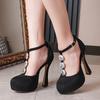 Liyke Подиумная мода Металлическая пряжка Женские туфли-лодочки Однотонные черные туфли Мэри Джейн с круглым носком для вечеринок и банкетов Босоножки на высоком каблуке на платформе