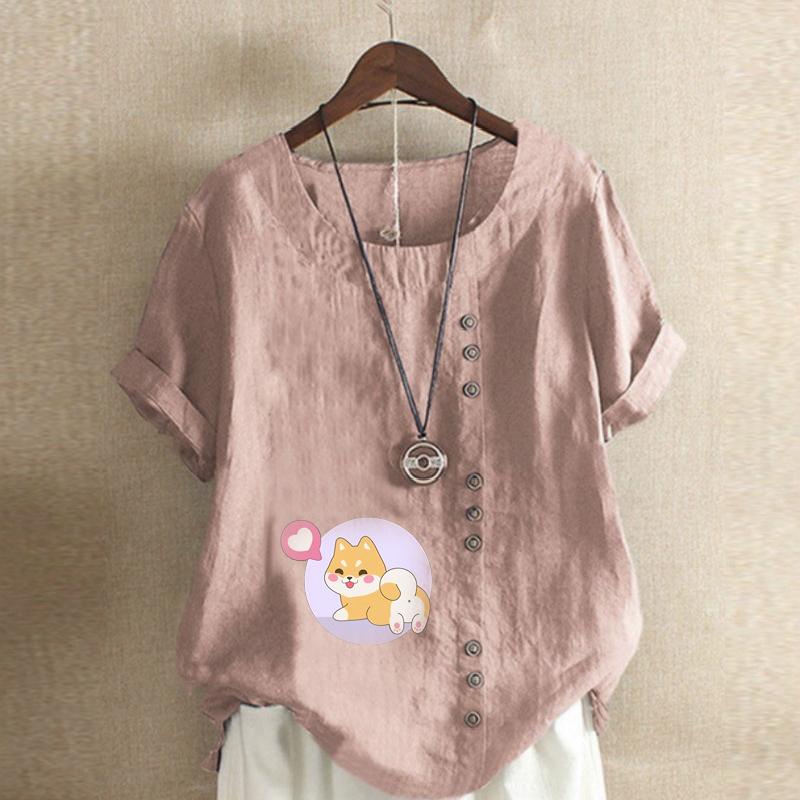 Женская модная футболка с круглым вырезом и коротким рукавом с принтом милой собаки, повседневная рубашка из хлопка и льна с рисунком, свободная летняя блузка для отдыха, топы