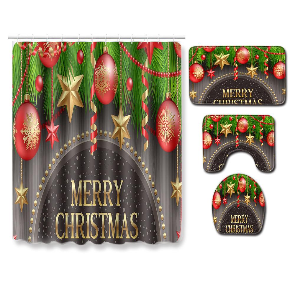Christmas Shower Curtain Floor Mat Combination Four-Piece Set Bathroom Toilet Carpet Shower Room Mat Foot Mat