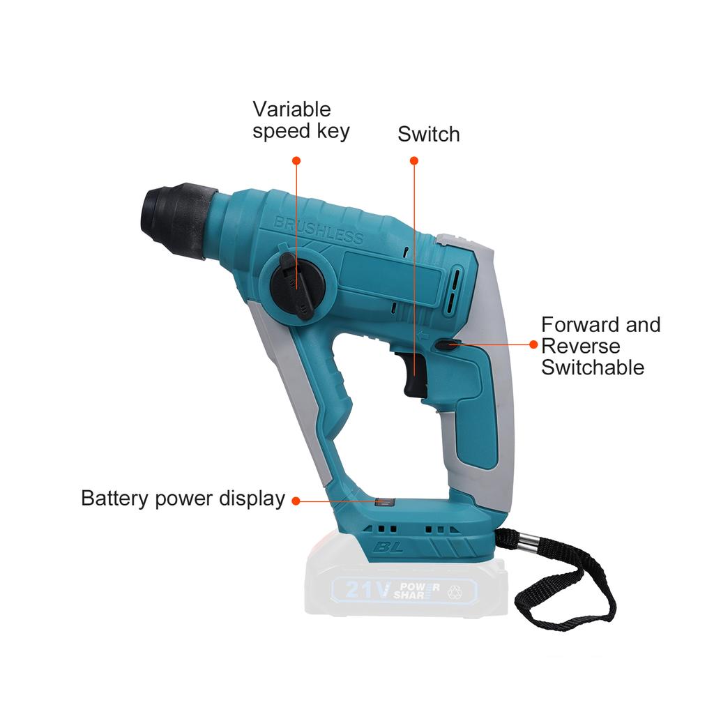 Электрический молоток 700 Вт 4000 дюймов в минуту 2,0 Дж Бесщеточный аккумуляторный молоток с переключением прямого и обратного вращения