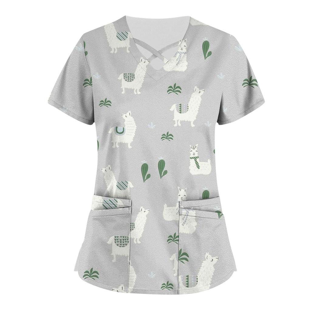 Плюс размер, милая рабочая форма с принтом, топы для женщин, забавные футболки с перекрестным v-образным вырезом и короткими рукавами, рабочая одежда, футболка с карманами