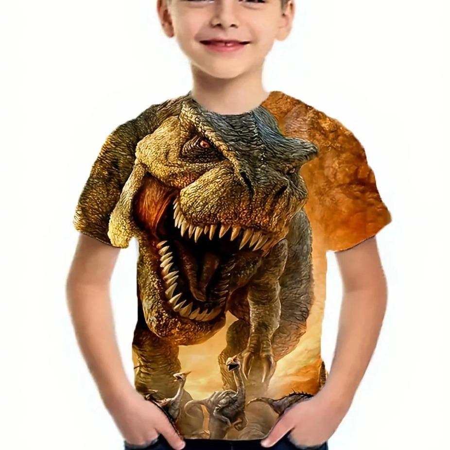 Детские футболки с динозаврами, топы с круглым вырезом, полиэстер, повседневная спортивная одежда, удобные футболки, футболка с 3D-принтом, с коротким рукавом