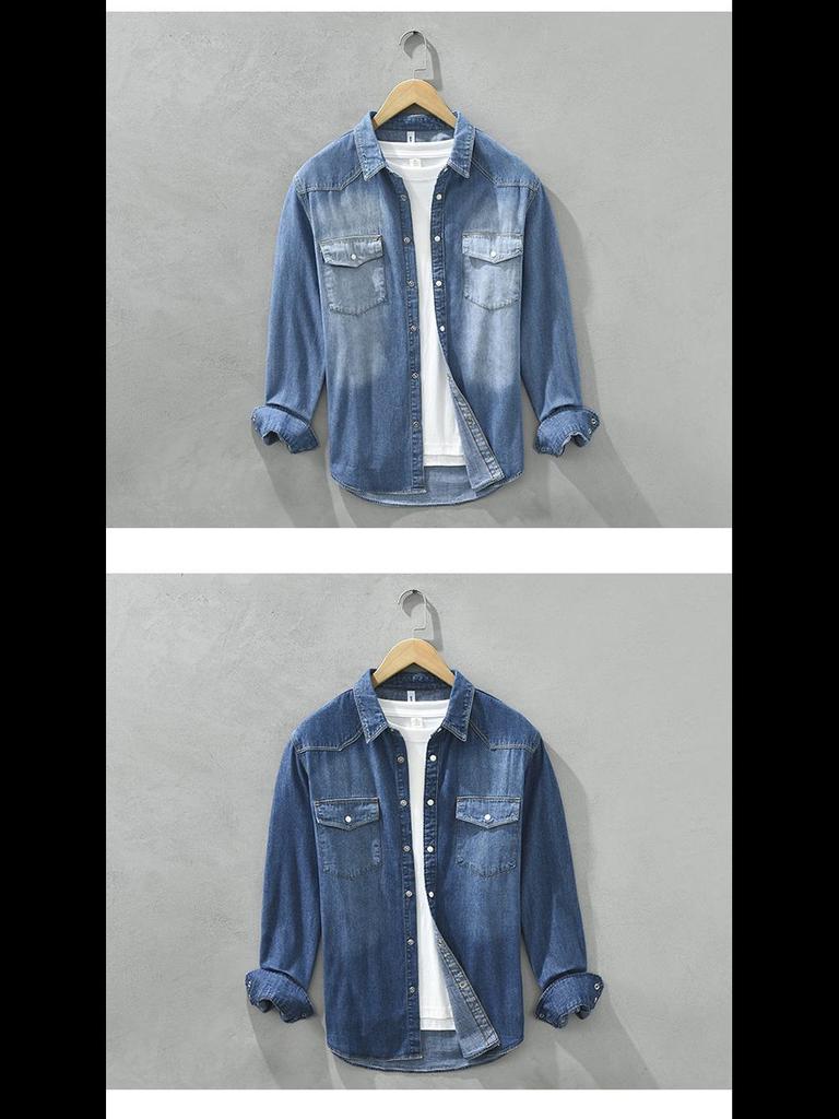 Японская ретро-градиентная джинсовая мужская повседневная рубашка с длинным рукавом