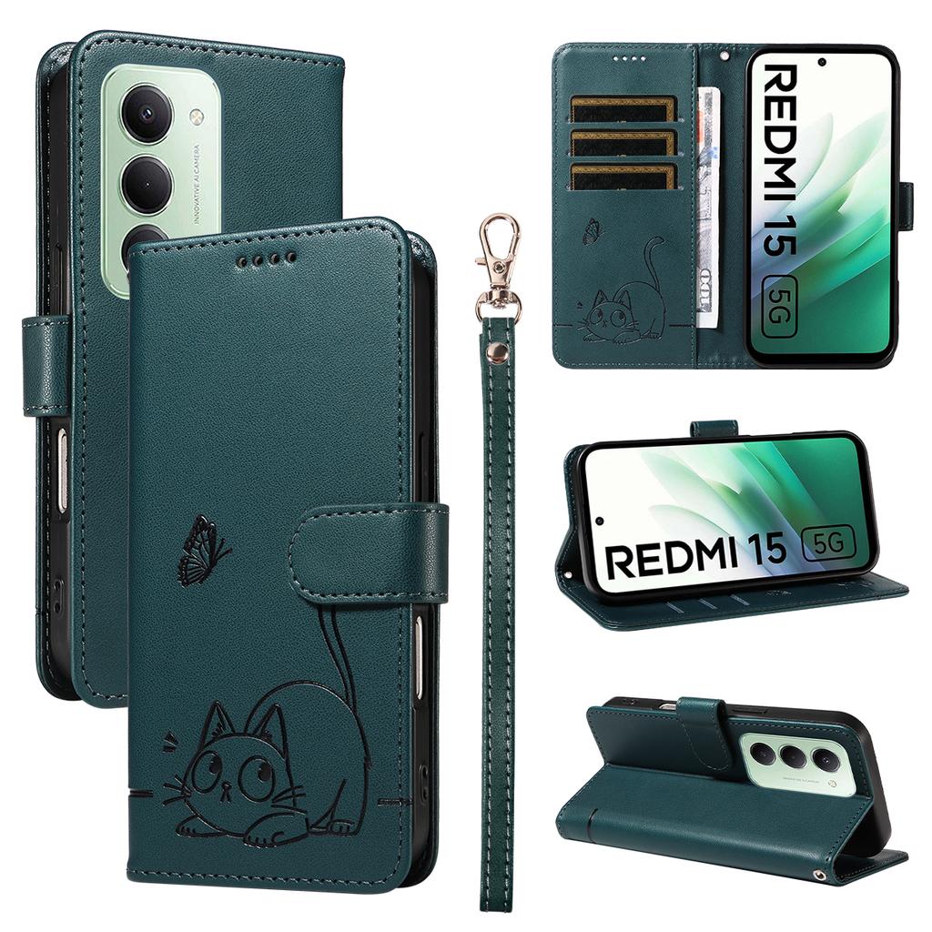 Для Xiaomi Redmi 15 4G (США) (171 мм) Чехол Кошачий узор Тиснение Кожаный Чехол для телефона с ремешком на запястье