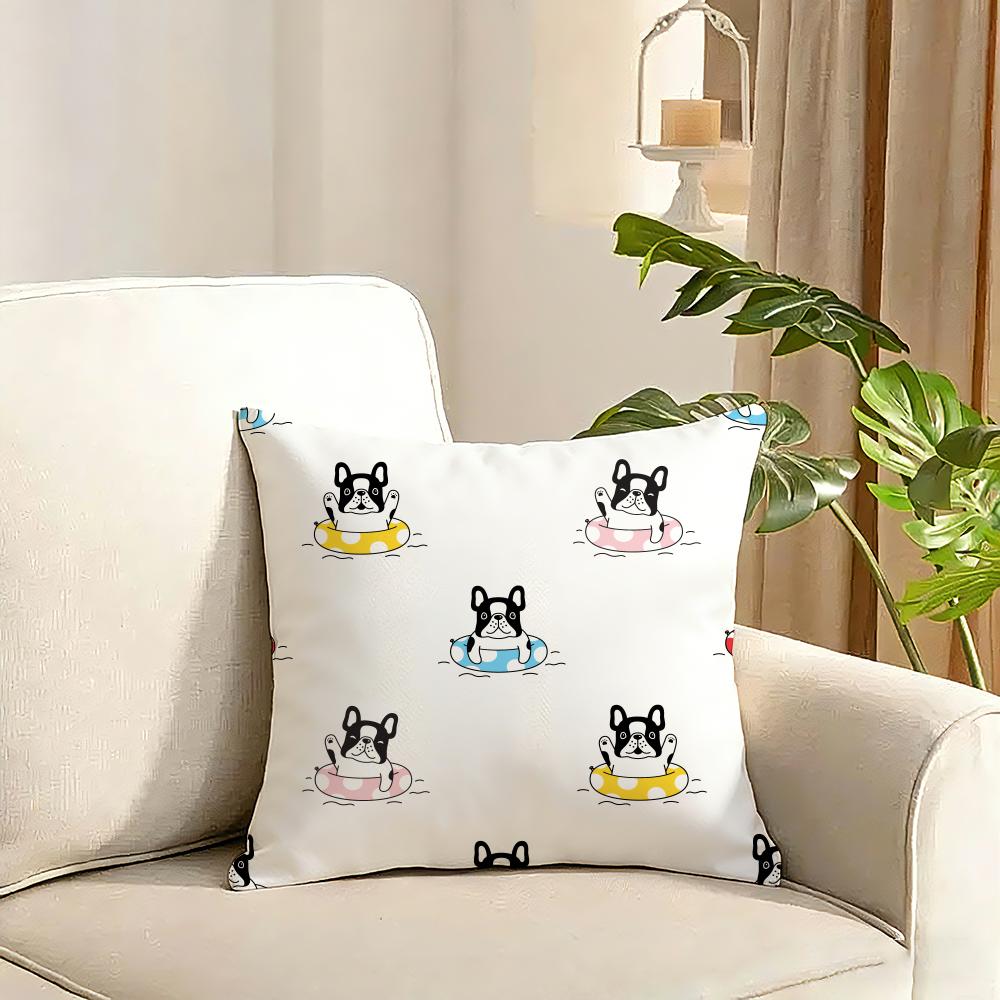 Cartoon French Bulldog Pattern Cushion Cover Reversible Plush Pillow Cover Soft Fluffy Home Decor for Sofa Bedroom