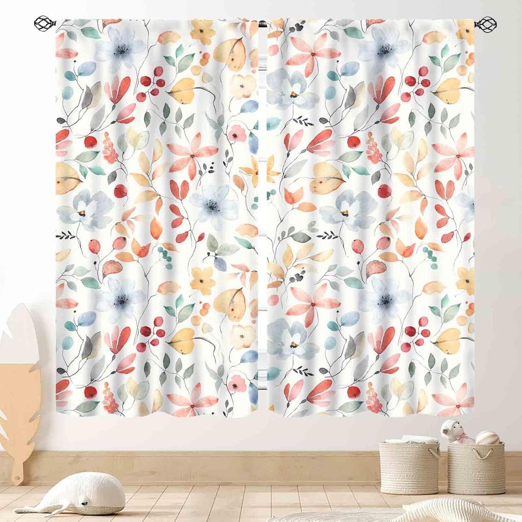 Wild Floral Kitchen Curtains, Rustic Green Leaf Colorful Plant Spring Flower Blossom Botanical Nature Vintage Small Short Window