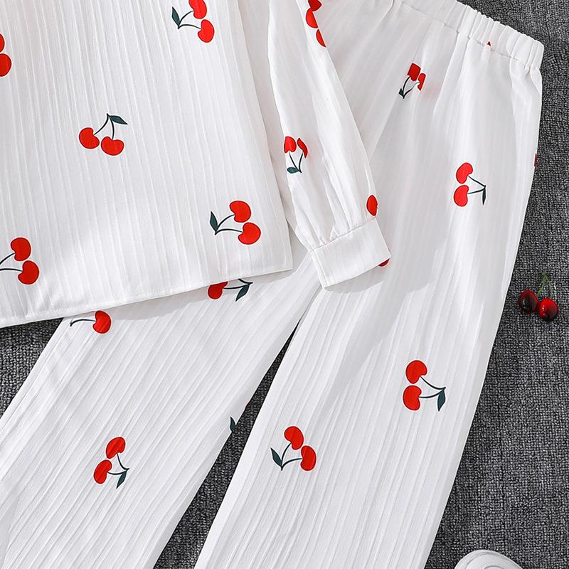 Девочки Осенний Наряд Новый Европейский и Американский Стиль Милый Принт Вишни Рубашка Топ с Длинным Рукавом и Длинные Брюки