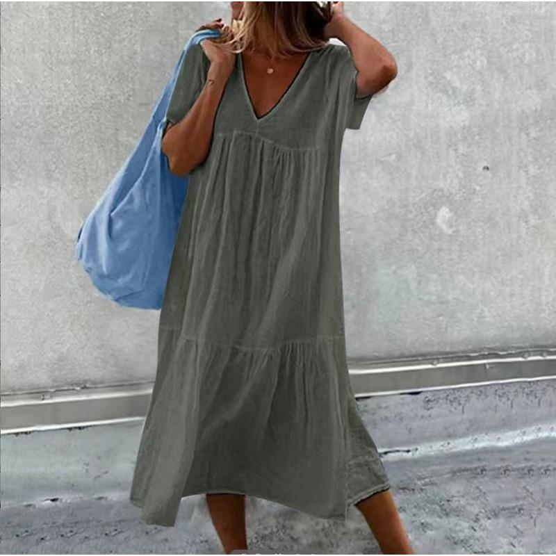 Summer Women's Round Neck Short Sleeved Mid Length Dress