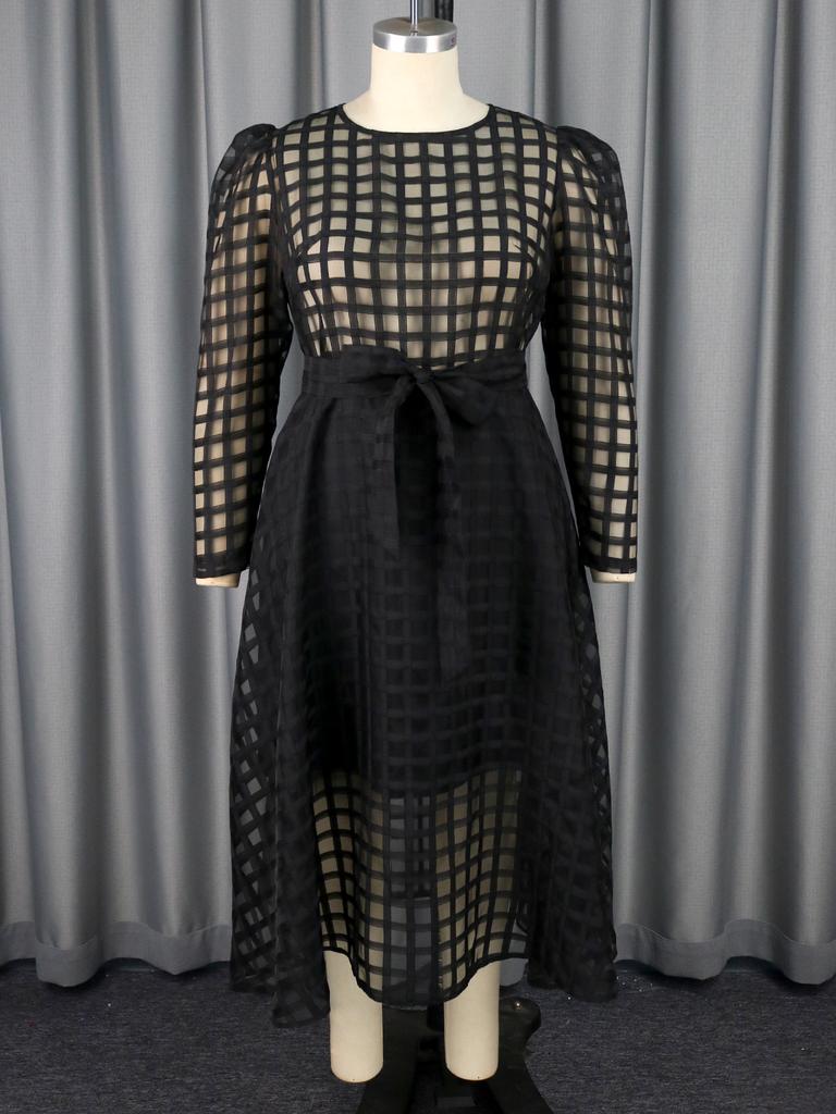 AOMEI Black Plaid Long Sleeve See Through High Waist A Line Evening Casual Daily Party Ball Gowns with Belt