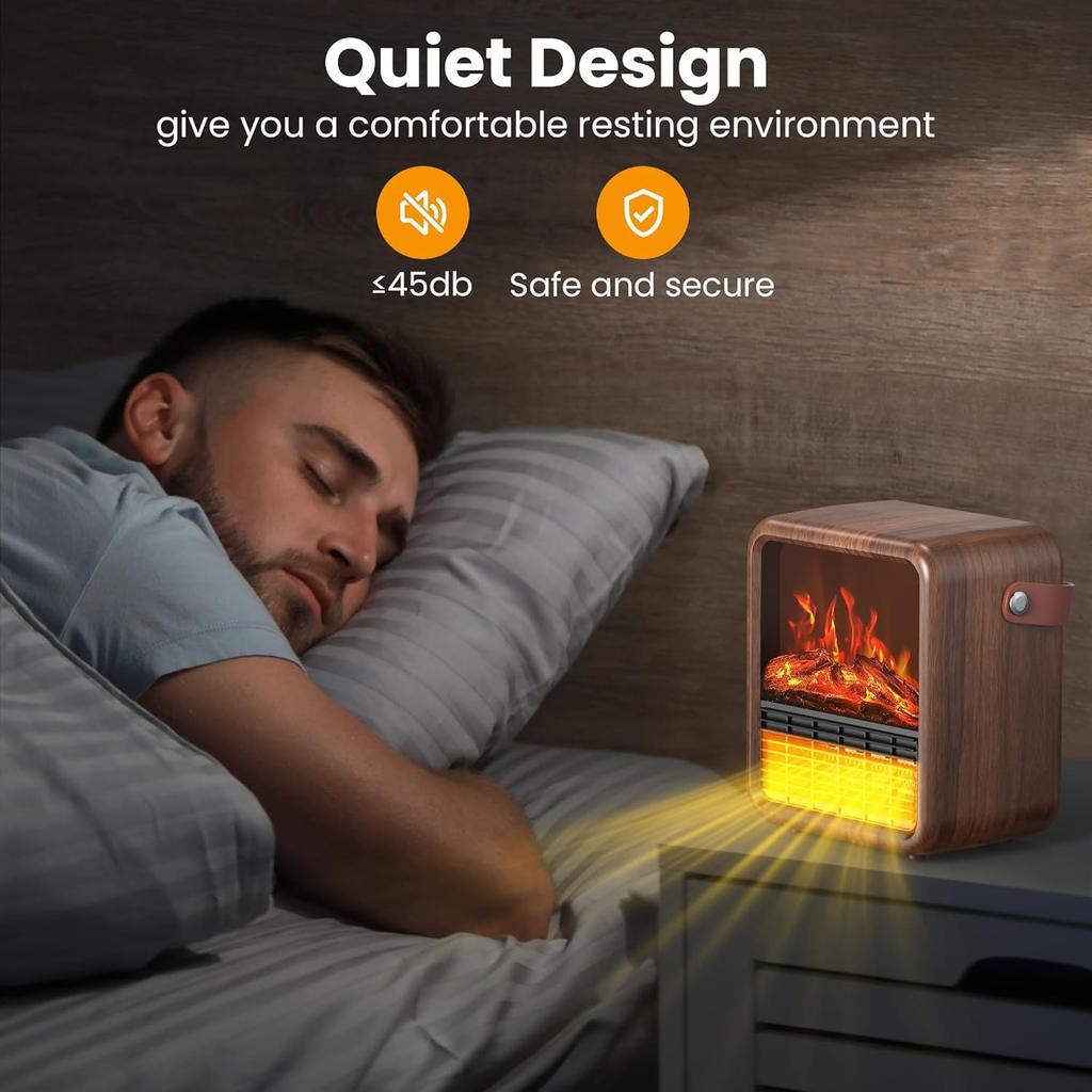 Маленький портативный электрический каминный обогреватель с 3D пламенем, термостатом, 1500 Вт/750 Вт PTC, защитой от опрокидывания, грецкий орех