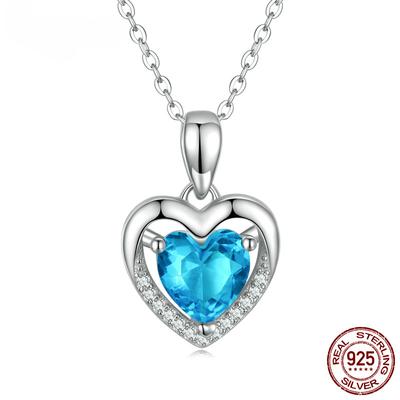 S925 серебряное ожерелье с подвеской в ​​форме сердца, синие прозрачные хрустальные ожерелья для женщин, серебряные ювелирные изделия, подарок