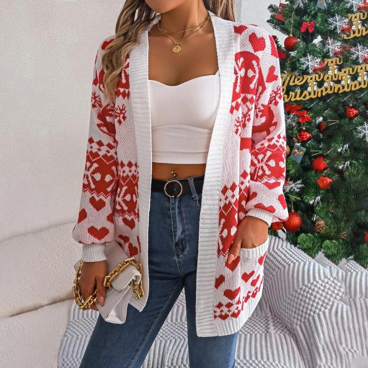 Vintage Christmas Knitwear Cardigan Loose V Neck Sweater Long Sleeve Top Winter Autumn Print Fashion