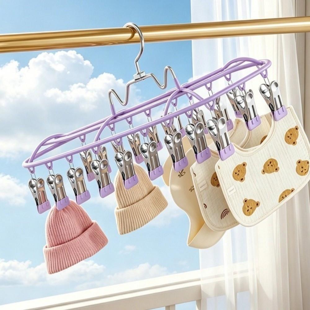 Windproof Clothes Drying Hanger with 20 Clips Stainless Steel Sock Drying Rack Space-Saving Rustproof Clothes Hanger Small Space