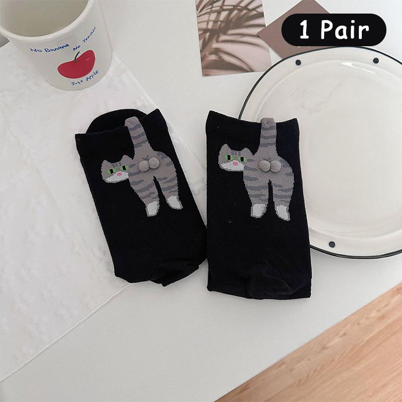 Женские носки с мультяшными кошками, с бубенчиком, с помпоном, летние, из хлопка, милые, японские, забавные, спортивные, средней длины, 36-42