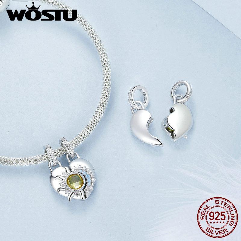 WOSTU Шармы Солнце и Луна из стерлингового серебра 925 пробы Съемный Хрустальный Кулон Желтая Пчела Бусина Подходят для Оригинального Браслета DIY Украшения Подарки