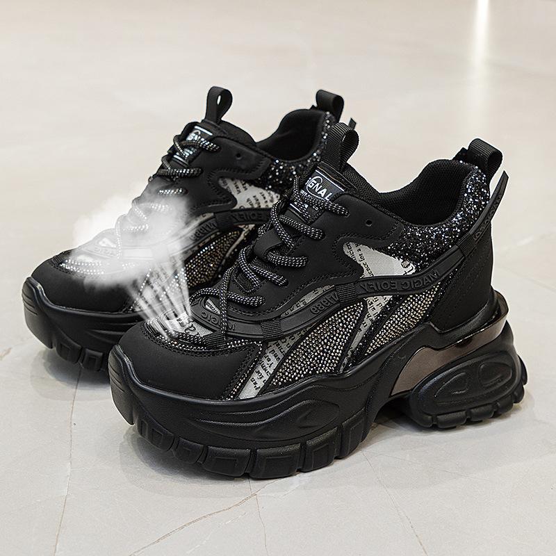 Летние дышащие сетчатые туфли на толстой подошве с увеличением высоты на 9 см, со стразами, для повседневной носки и занятий спортом, с увеличением высоты каблука, женская обувь