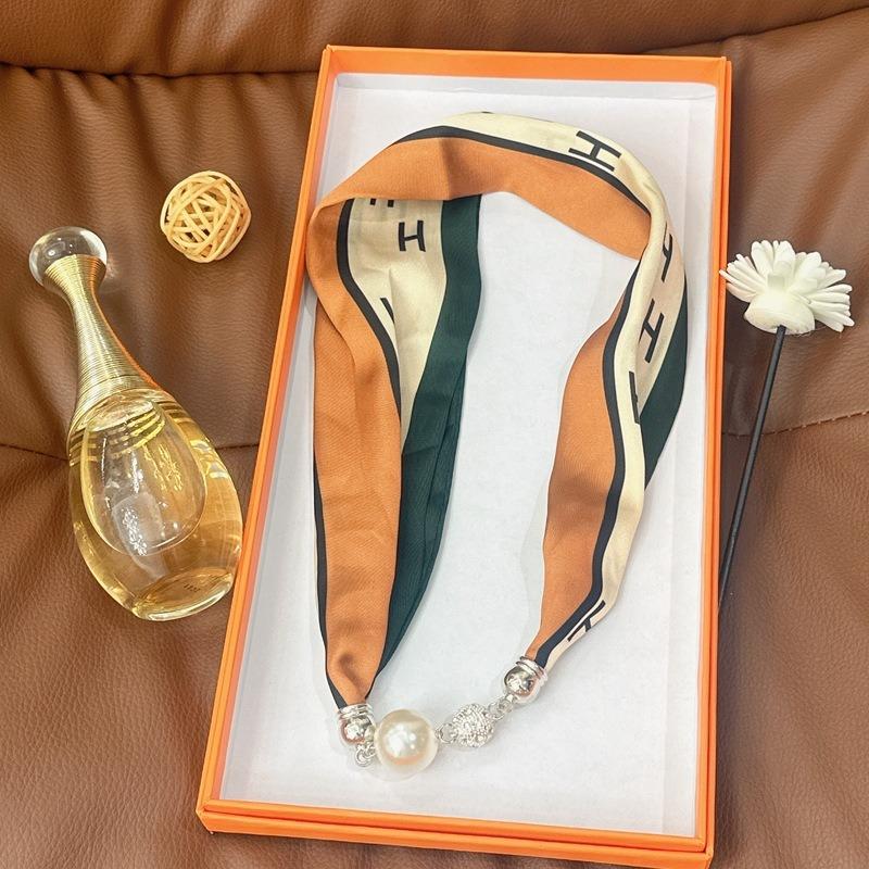 Silk Scarf Women's Spring, Autumn and Summer New Fashion Neck Protection Decoration Long Necklace Type Magnetic Buckle Scarf Small Scarf