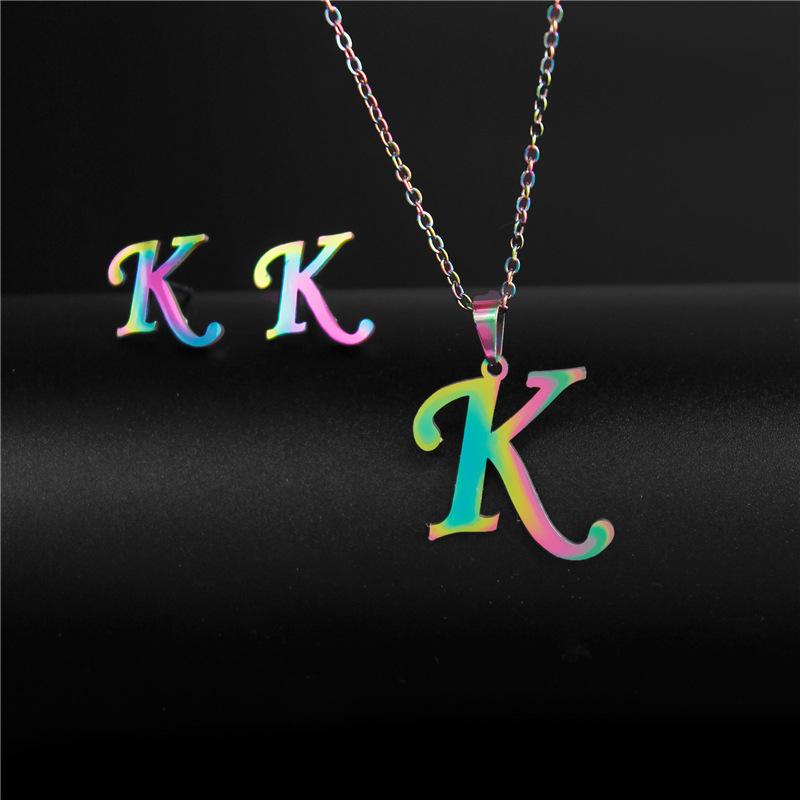 RUI RUI YU 26 Letter Colorful Stainless Steel Jewelry Sets for Women Men Alphabet Initial Chain Pendant Necklace Earrings Kids Gift