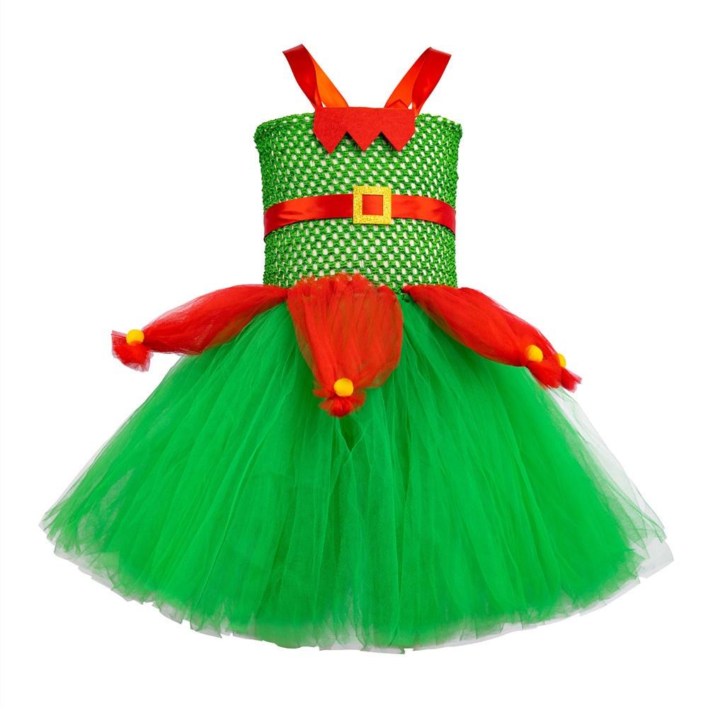 Elegant European And American Children's Christmas Elf Costume For Parties And Performances Red And Green Net Tulle Christmas Tree Skirt