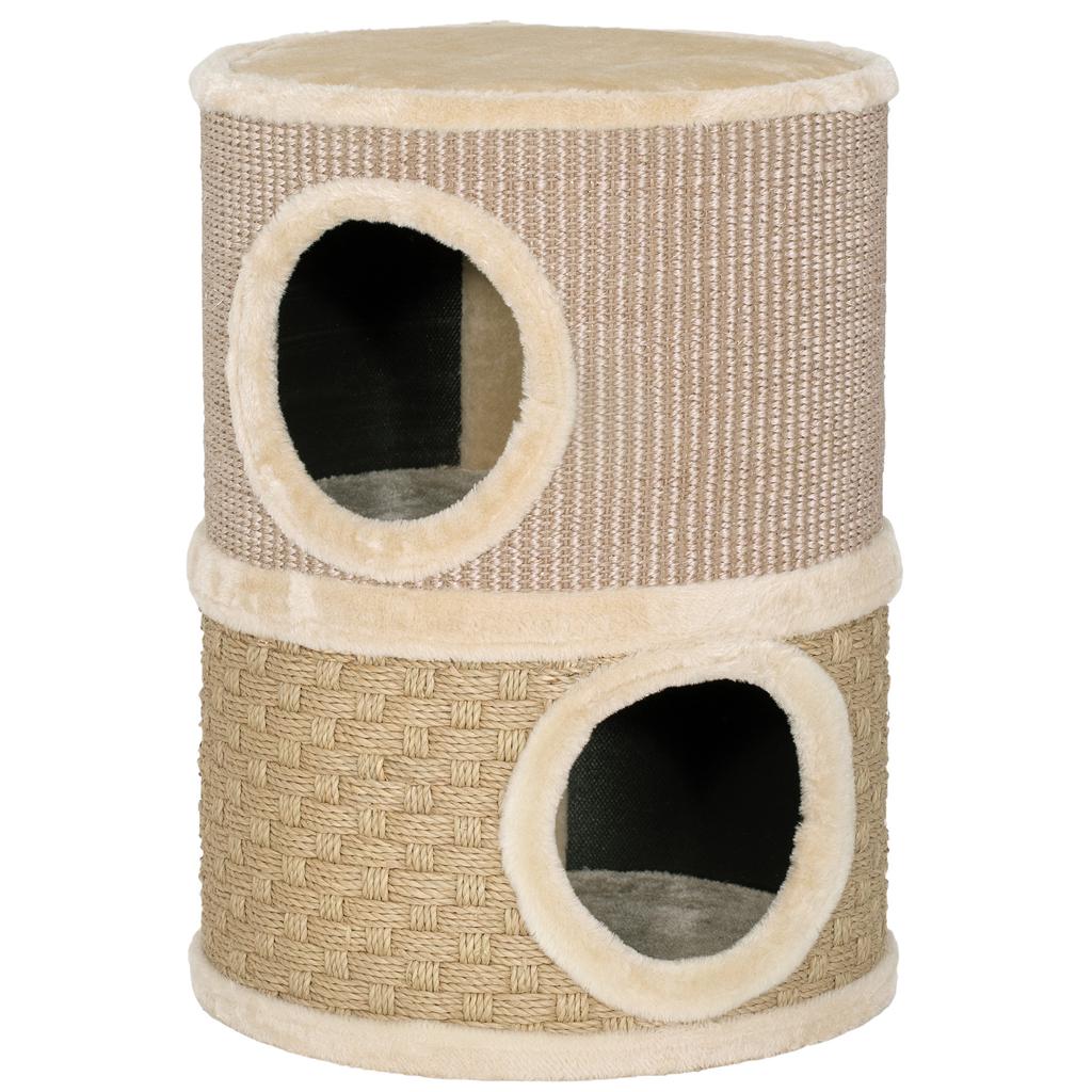 Cat House with Scratching Post and Two Nests. Sisal and Seaweed Rope. Plush Edge. Khaki