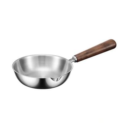 Мини-сковорода IMEEA, Нержавеющая сталь, Идеально подходит для ланч-боксов, Легкая, 15 см, с деревянной ручкой и ореховым деревом, с носиком, Совместима с индукционными плитами,