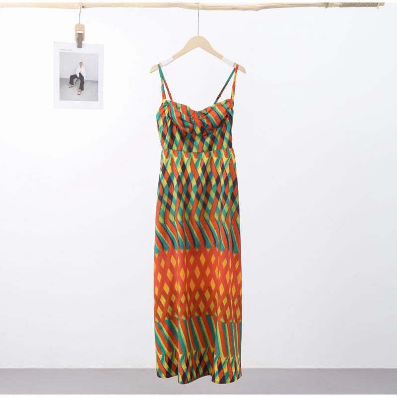 Контрастные платья-макси с принтом на бретельках для женщин, пляжное цветное свободное платье без рукавов с открытой спиной, летнее платье для отдыха