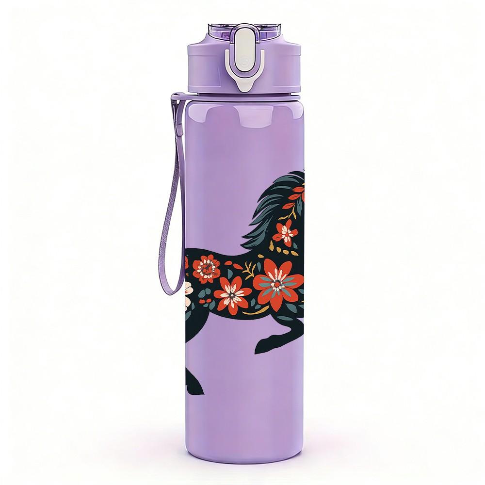 1PC Black Mustang Horse Animal Pattern 750ml Color Plastic Sports Water Bottle Leakproof Flip Straw Lid Suitable for Sports Office Home Use