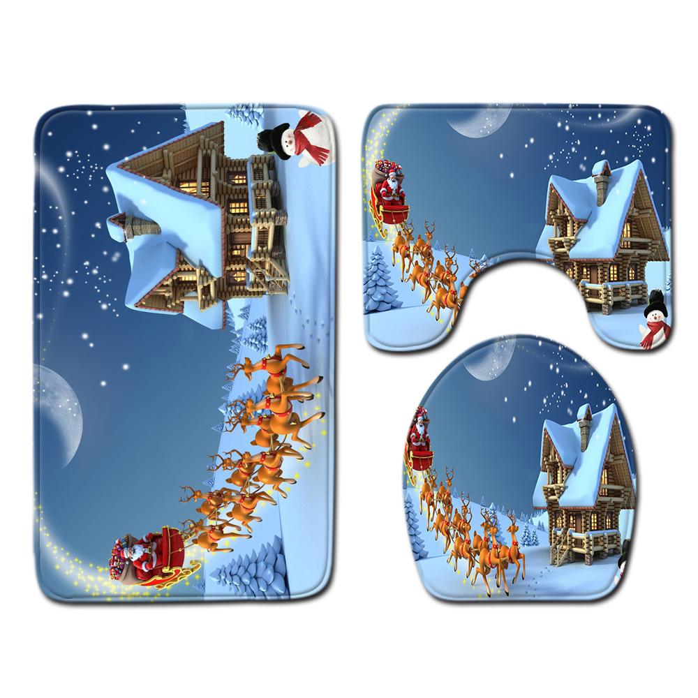 Christmas Shower Curtain Floor Mat Combination Four-Piece Set Bathroom Toilet Carpet Shower Room Mat Foot Mat