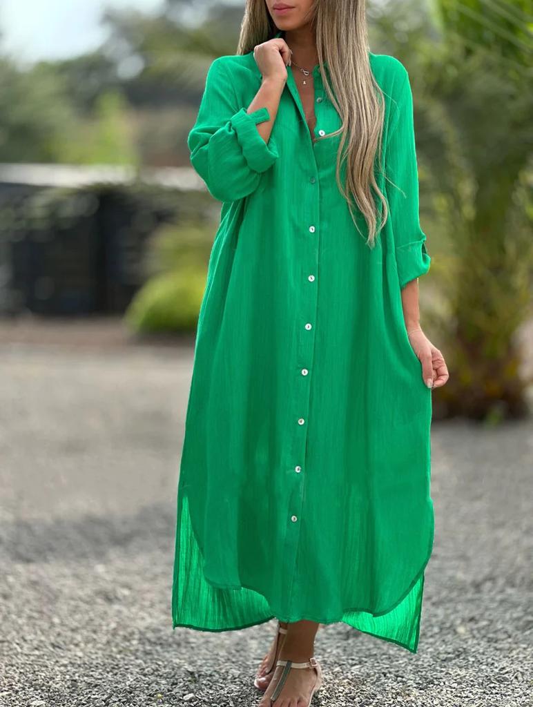 Long Sleeve Maxi Dresses Women Turn Down Collar Casual Cotton Linen Button Shirt Dress