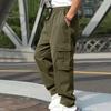 Men Cargo Pants Multi Pockets Drawstring Elastic Waist Solid Color Loose Wide Leg Straight Soft Streetwear Full Length Men Long