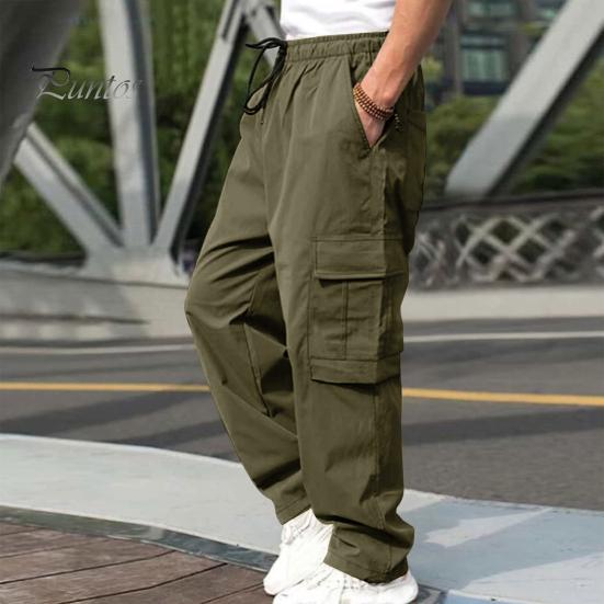Men Cargo Pants Multi Pockets Drawstring Elastic Waist Solid Color Loose Wide Leg Straight Soft Streetwear Full Length Men Long