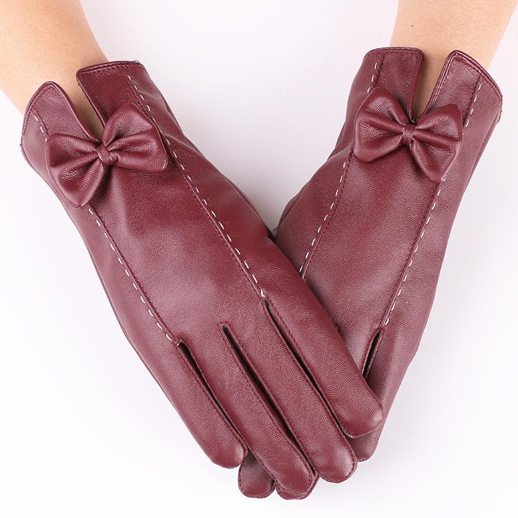 New Autumn and Winter Women's Touch Screen Leather Gloves with Bow Color Warm Plus Velvet Riding Touch Screen Gloves for Winter