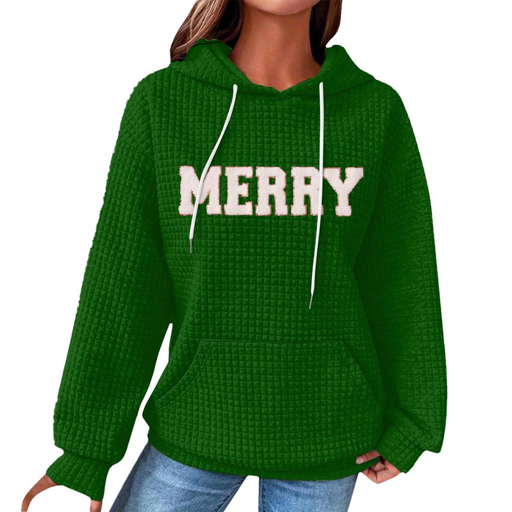 Women's Fashion Loose Hooded Pullover Long Sleeve Plaid Sweatshirt With Drawstring, Drop Shoulder, Pocket, Christmas Print Top