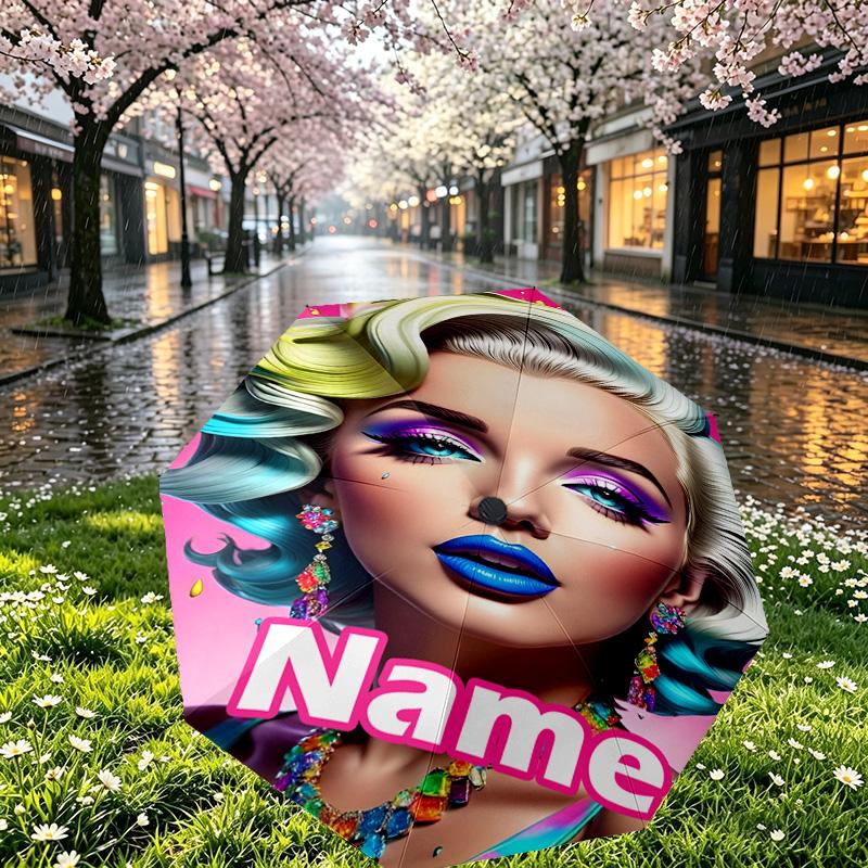 Custom Name Personalized Marilyn Monroe Print Umbrella, Auto Open Close, 8‑Rib Sturdy Frame, Commute Camping Hiking Use, Birthday Gift