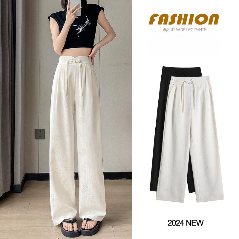 Широкие брюки с пластинчатыми пуговицами для женщин, весенние и летние жаккардовые атласные прямые брюки в национальном стиле с высокой талией, повседневные драпированные брюки