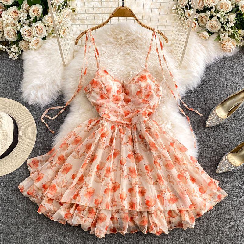 Sweet Chest Pad Orange Sling Dress Lace