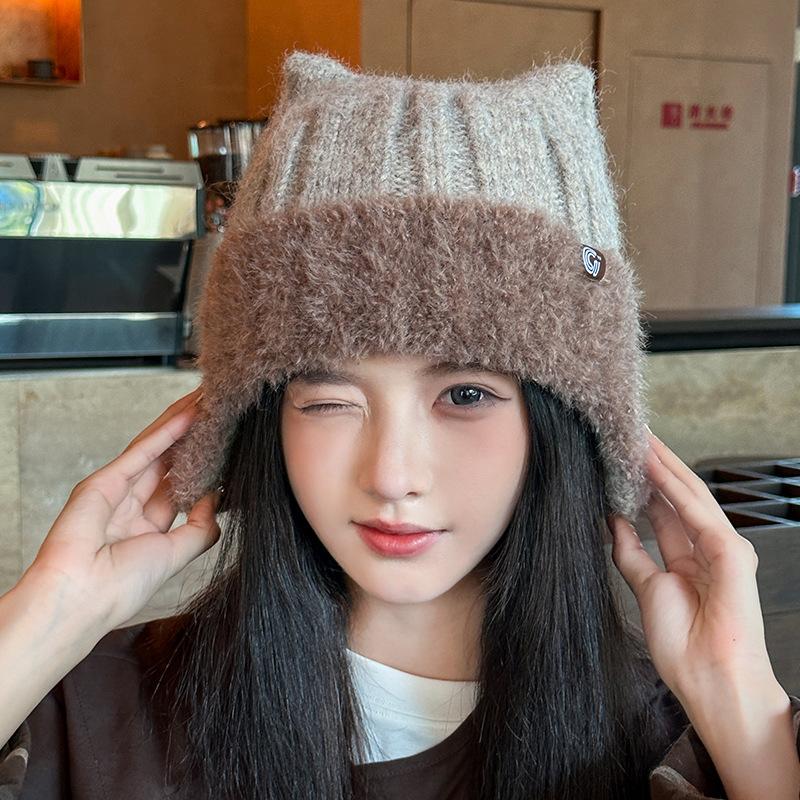 Fleece thickened cold-proof cat ear hat women's autumn and winter windproof wool hat warm ear protection small knitted hat