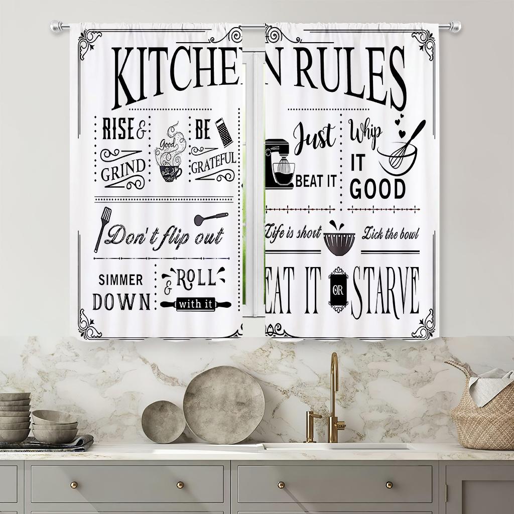 Retro Creative Print Curtain Kitchen Dining Room Living Decoration Curtains Set Of 2 Made Polyester With Rod Pocket Decor