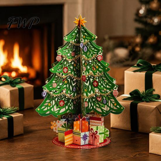 Exquisite Christmas Scene Decoration 3D Puzzle Paper Tree Decoration, Holiday Desktop Ornaments Easy Assembly with Star Topper And Gift Box
