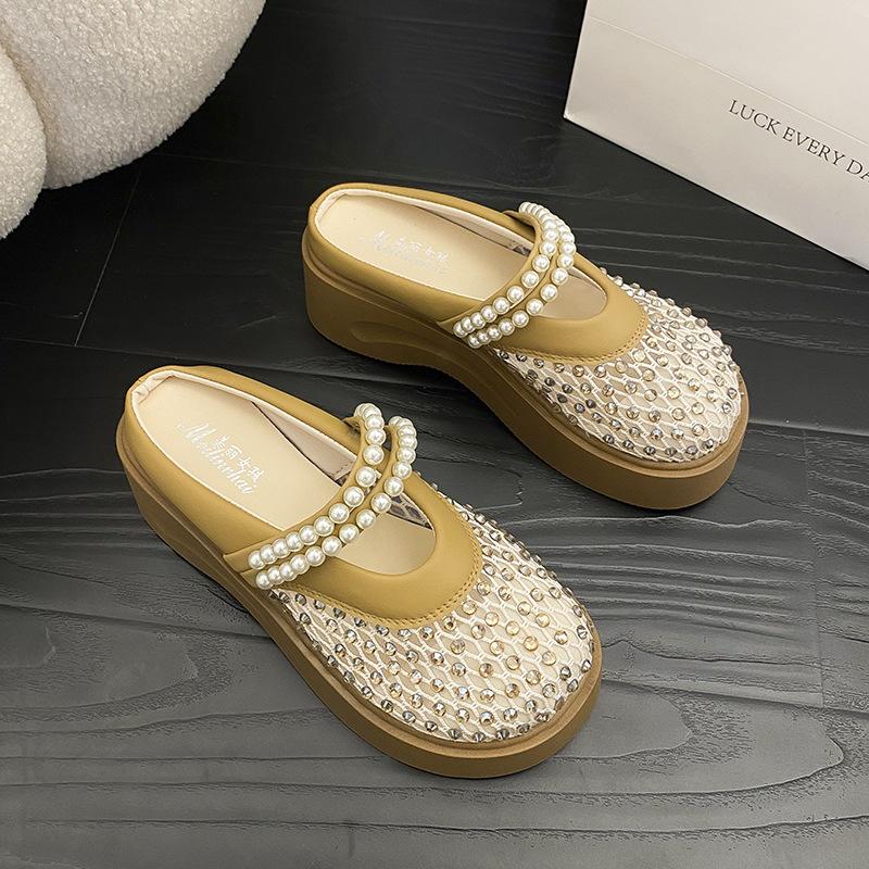 Летние женские дышащие шлепанцы Мэри Джейн на толстой подошве, 2025, с жемчужным носком-баотоу, полушлепанцы