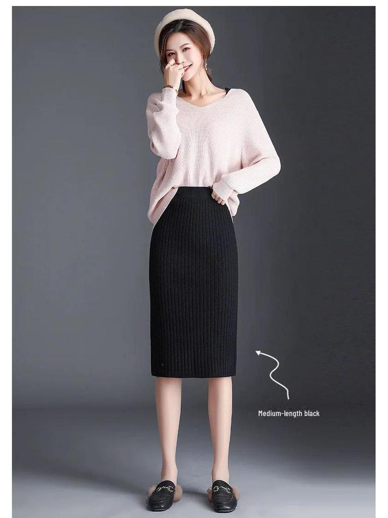 Женская трикотажная шерстяная юбка с высокой талией 2021 года: Осень/Зима, Плотный, Длинный, Приталенный, с разрезом