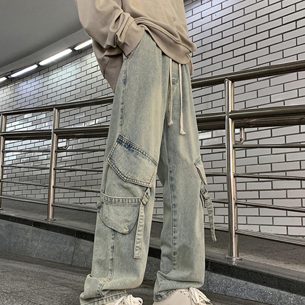 Мужские брюки-карго в уличном стиле, прямые, широкие, длинные брюки, эластичный пояс, завязка на шнурок, большие карманы, джинсовые брюки