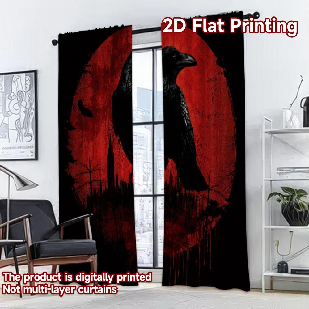 2D FLAT PRINTING 2pcs Curtains (Without Rod) Halloween Raven on Red Modern Curtains&Drapes Versatile 100% Polyester Curtains