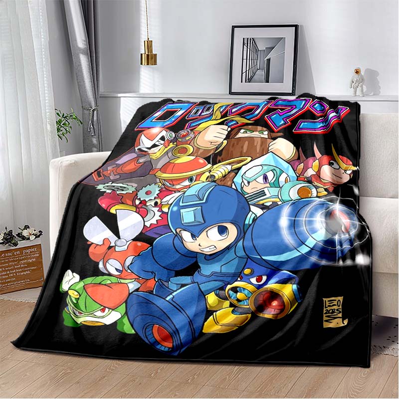 Mega Man Anime Print Flannel Throw Blanket Soft Warm Bed Cover for Kids Bedroom Sofa Home Decor Gift